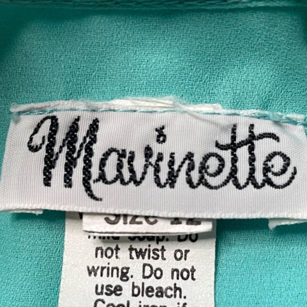 70s Vintage Mavinette Teal Green Semi Sheer Crepe Pleated Dress with Belt Sz 12 - Picture 5 of 8